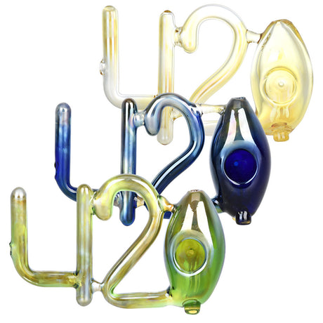 Colorful glass hand pipe shaped like numbers 420, front view, for dry herbs, 5 inches+ size