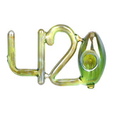 Novelty 420-shaped glass hand pipe for dry herbs, front view on seamless white background