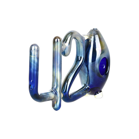 Novelty 420-shaped glass hand pipe for dry herbs, blue color, over 5 inches - side view