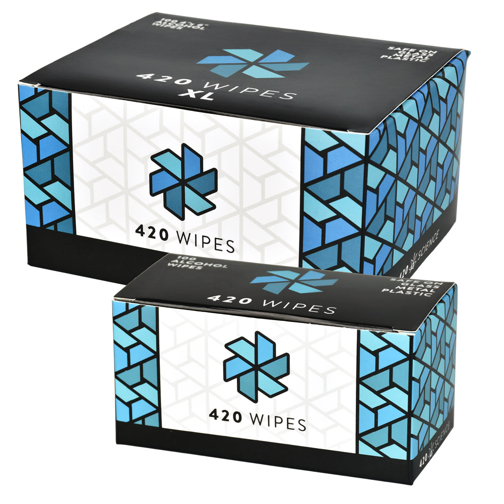 420 Science Sterilizing Wipes 100pc Box, compact design for easy cleaning of bongs and pipes