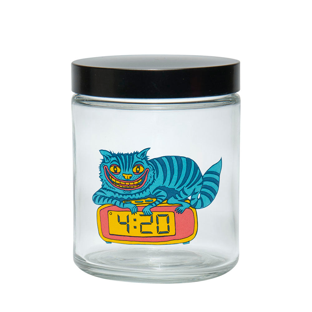 420 Science Clear Glass Jar with Screw Top and 420 Cat Design, Compact and Closable, Front View