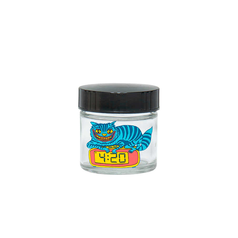 420 Science Clear Screw Top Jar with 420 Cat design, compact and portable stash storage
