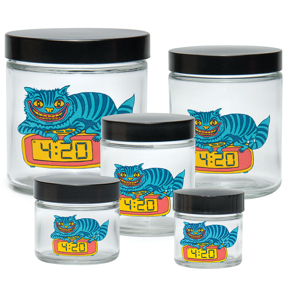 Set of 420 Science clear screw-top jars with 420 cat design in various sizes, compact and portable