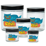 Set of 420 Science clear screw-top jars with 420 cat design in various sizes, compact and portable