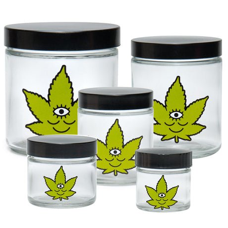 Assorted sizes of 420 Science Clear Screw Top Jars with Toke Face design, compact and portable