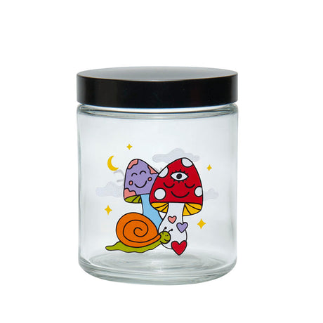 420 Science Clear Screw Top Jar featuring Woke Cosmic Mushroom design, compact and portable