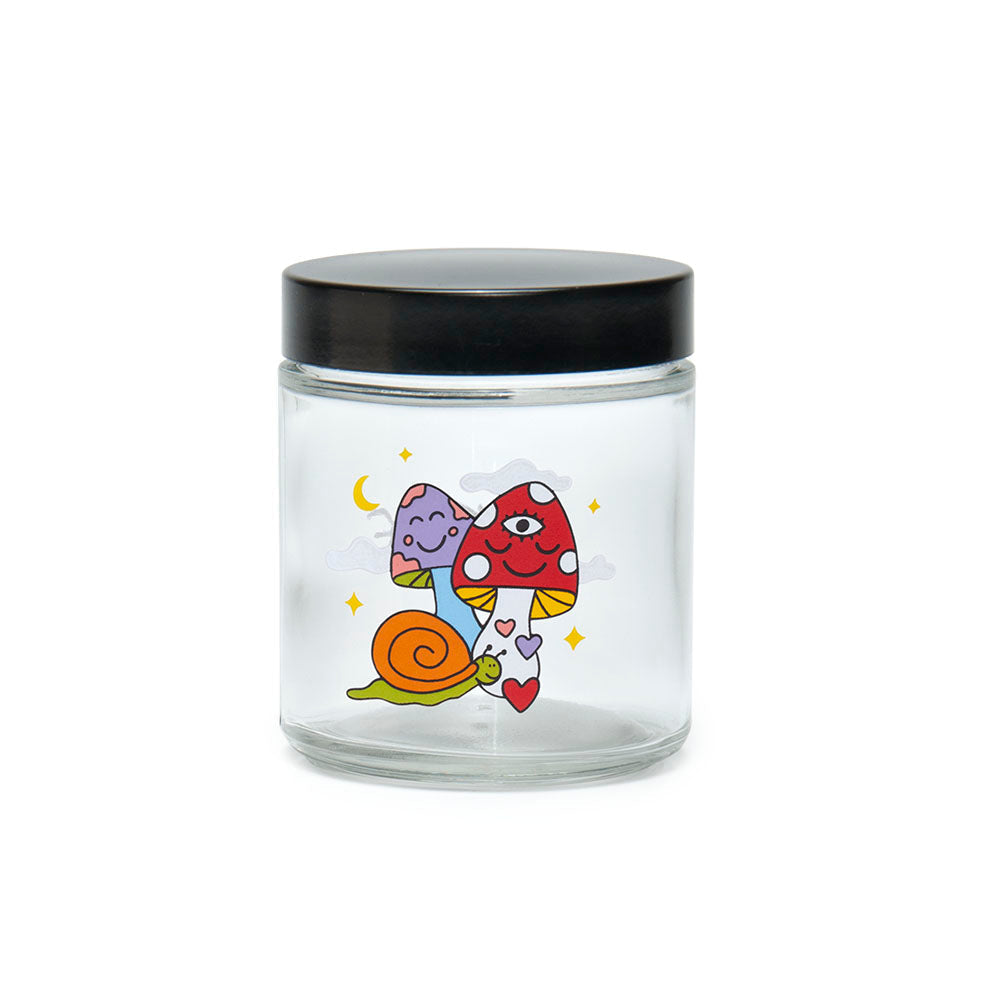 420 Science Clear Glass Jar with Cosmic Mushroom design, screw top lid, compact and portable