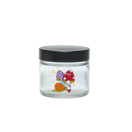 420 Science Clear Screw Top Jar with Woke Cosmic Mushroom design, compact and portable