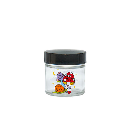 420 Science Clear Screw Top Jar featuring Woke Cosmic Mushroom design, compact and portable for dry herbs