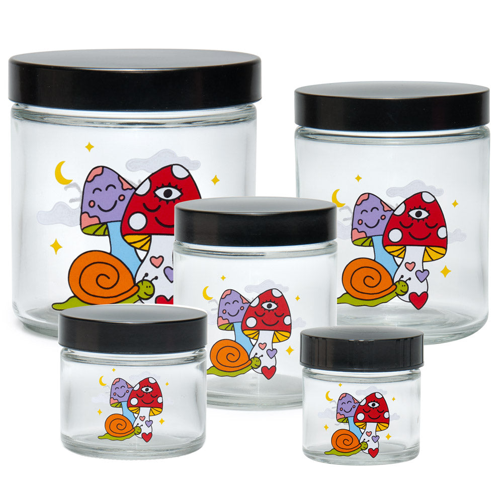 420 Science Clear Glass Jars with Cosmic Mushroom Design, Screw Top Lids, in Various Sizes