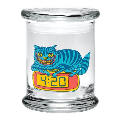 420 Science Pop Top Jar featuring a whimsical 420 Cat design, clear borosilicate glass, front view