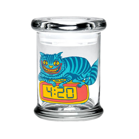 420 Science Pop Top Jar featuring a 420 Cat design, clear borosilicate glass, compact for easy storage.