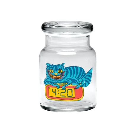 420 Science Pop Top Jar featuring a whimsical 420 Cat design, clear borosilicate glass, front view on white background
