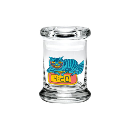 420 Science Pop Top Jar featuring a colorful 420 Cat design, clear borosilicate glass, front view