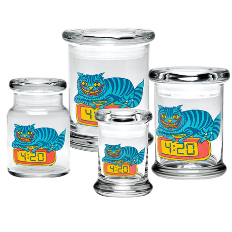 420 Science Pop Top Jars with 420 Cat design, various sizes from XS to Large, clear borosilicate glass