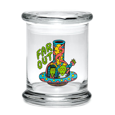 420 Science Pop Top Jar - Far Out design, clear borosilicate glass, compact and portable stash storage
