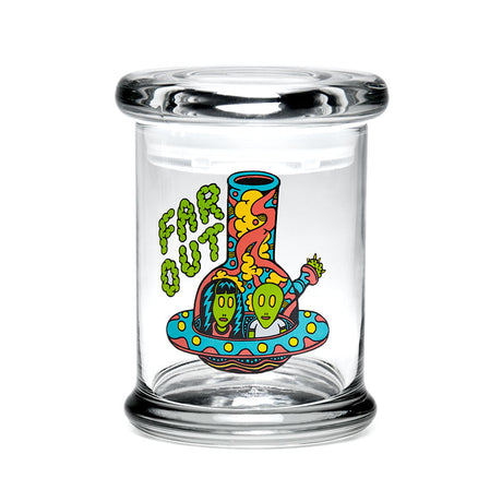 420 Science Pop Top Jar with Far Out design, clear borosilicate glass, portable stash storage