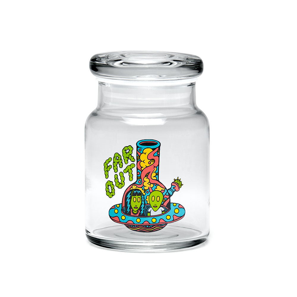 420 Science clear glass pop top jar, 1/4 oz, with vibrant 'Far Out' design, compact and airtight