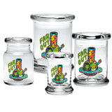 420 Science Pop Top Jars in various sizes with 'Far Out' design, clear borosilicate glass, front view