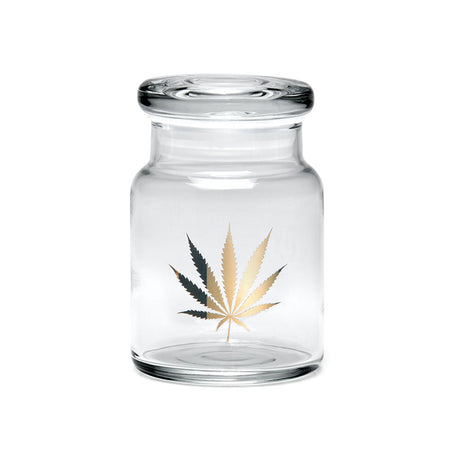 420 Science clear borosilicate glass pop top jar with gold leaf design, compact and portable
