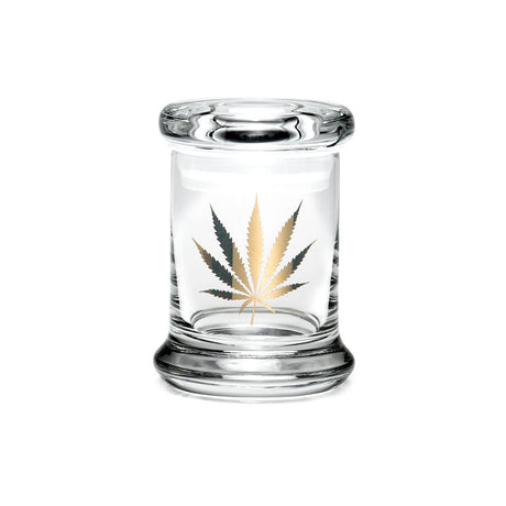 420 Science Pop Top Jar featuring a gold leaf design, clear borosilicate glass, compact and portable