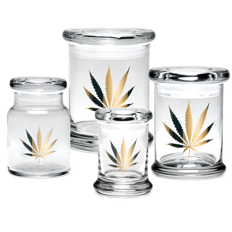 420 Science Pop Top Jars in various sizes with gold leaf design, made of clear borosilicate glass
