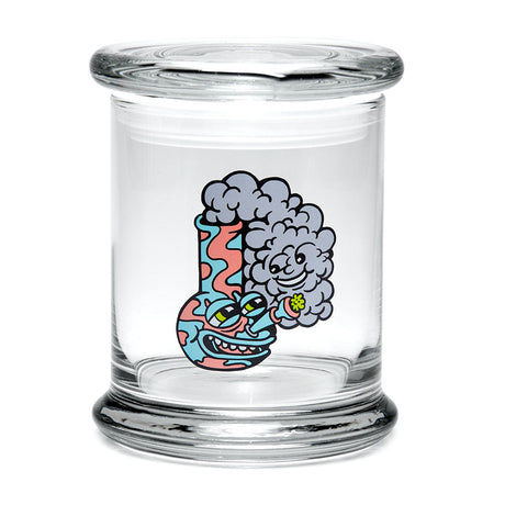 420 Science Pop Top Jar featuring a Happy Bong design, clear borosilicate glass, front view