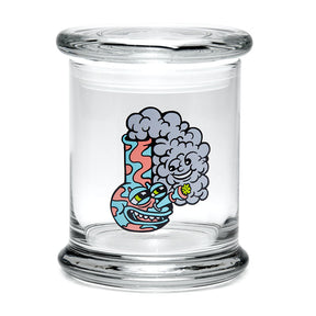 420 Science Pop Top Jar featuring a Happy Bong design, clear borosilicate glass, front view