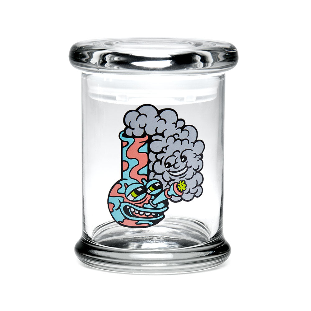 420 Science Clear Glass Pop Top Jar featuring Happy Bong design - Compact and Closable