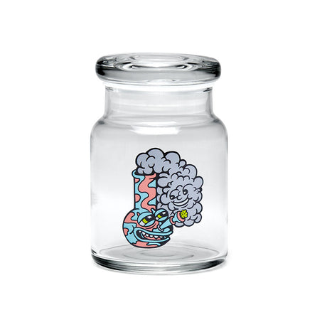 420 Science Pop Top Jar with Happy Bong design, clear borosilicate glass, front view on white background
