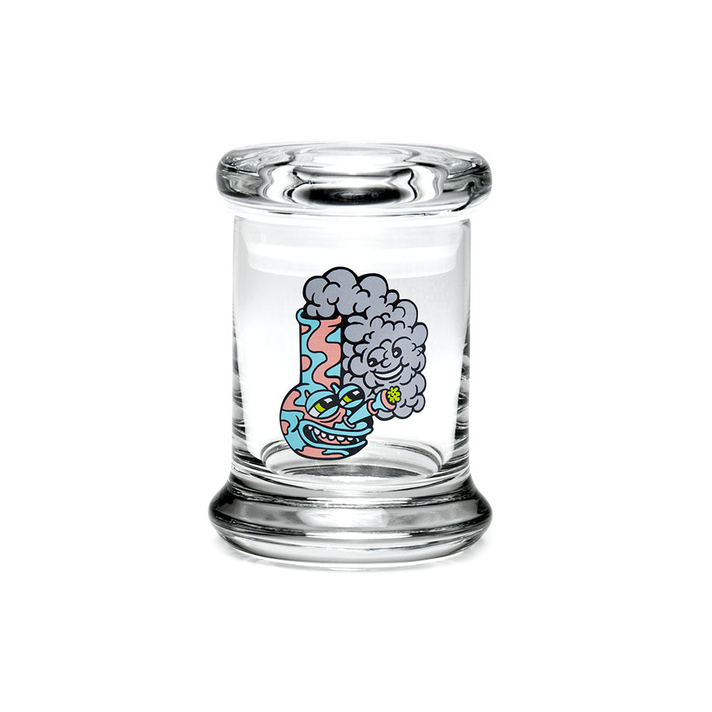 420 Science Pop Top Jar, 1/8 Ounce, Happy Bong design, portable clear glass, front view
