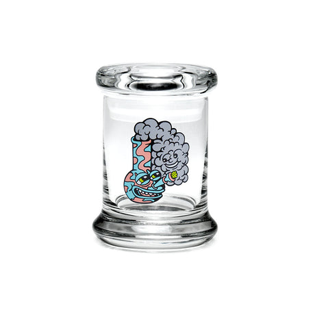 420 Science Pop Top Jar featuring a Happy Bong design, clear borosilicate glass, front view