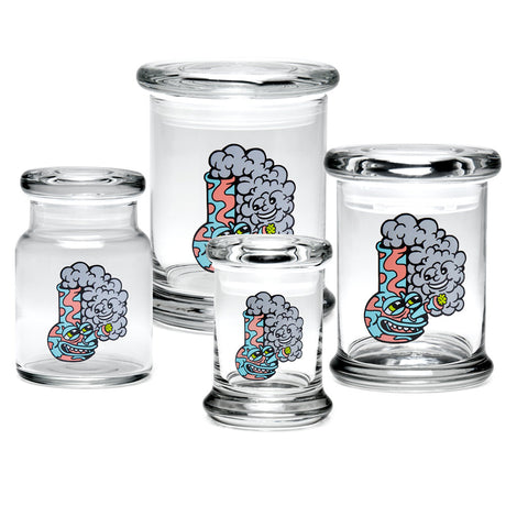 420 Science Pop Top Jars in various sizes with Happy Bong design, made from clear borosilicate glass