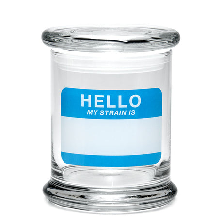 420 Science Pop Top Jar with Hello Write & Erase label, clear borosilicate glass, front view