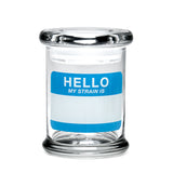 420 Science Clear Borosilicate Glass Pop Top Jar with 'Hello My Strain Is' Label - Front View