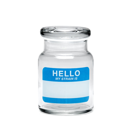 420 Science Clear Borosilicate Glass Pop Top Jar with Hello Write & Erase Label, Front View