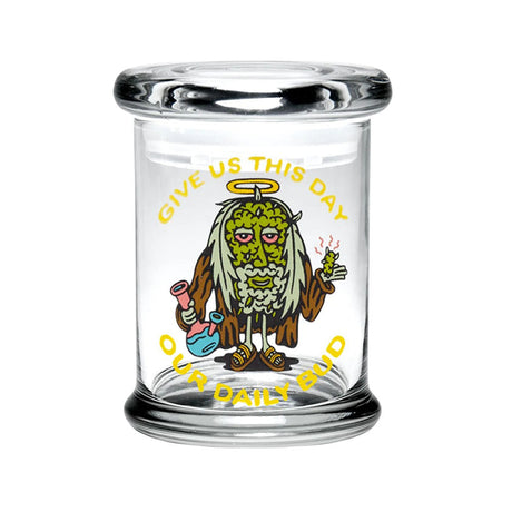 420 Science Pop Top Jar featuring Jesus Bud design, clear borosilicate glass, front view