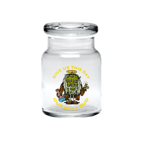 420 Science Pop Top Jar featuring Jesus Bud design, clear borosilicate glass, compact and portable