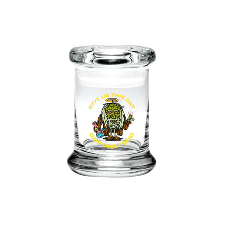 420 Science Pop Top Jar with Jesus Bud design, clear borosilicate glass, compact and portable