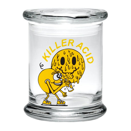 420 Science Pop Top Jar with Killer Acid design, clear borosilicate glass, front view, for dry herbs