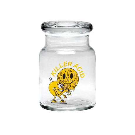 420 Science Pop Top Jar with Killer Acid design, clear borosilicate glass, front view