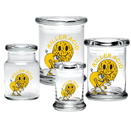 420 Science Pop Top Jar set with Mile Of Smiles design, clear borosilicate glass, various sizes