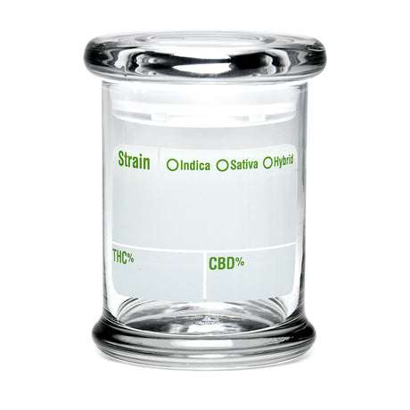 420 Science Pop Top Jar, clear borosilicate glass with write & erase feature, front view