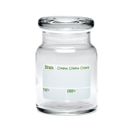420 Science Pop Top Jar, clear borosilicate glass, write & erase label, front view, for dry herbs