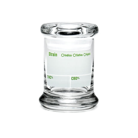 420 Science Pop Top Jar with Write & Erase feature, clear borosilicate glass, front view