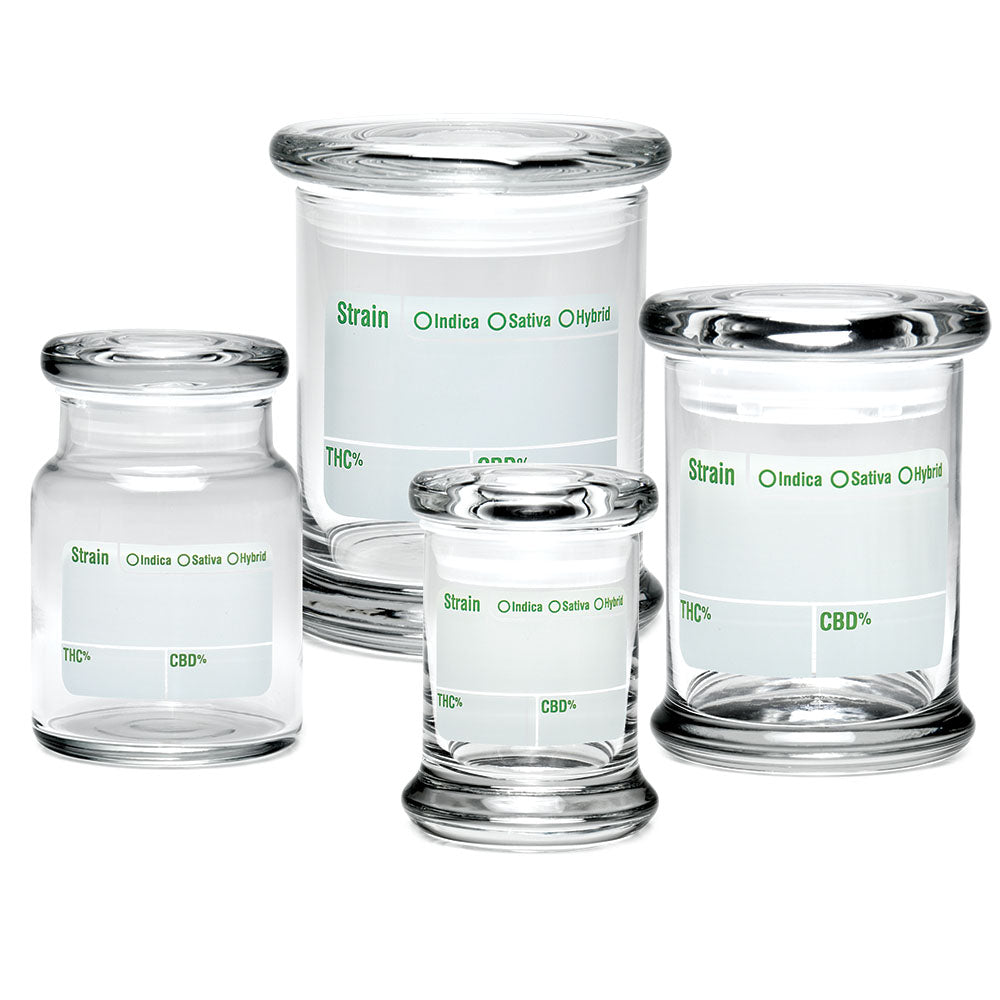 420 Science Pop Top Jars in various sizes with write & erase labels, clear borosilicate glass