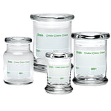 420 Science Pop Top Jars in various sizes with write & erase labels, clear borosilicate glass