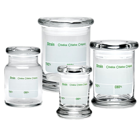 420 Science Pop Top Jars in various sizes with write & erase labels, clear borosilicate glass
