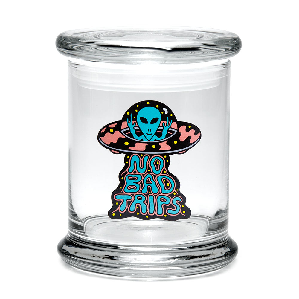 420 Science Pop Top Jar with 'No Bad Trips' design, clear borosilicate glass, compact size, front view