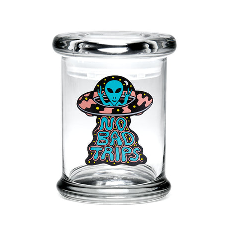 420 Science Pop Top Jar featuring 'No Bad Trips' alien design, compact and portable, made in USA